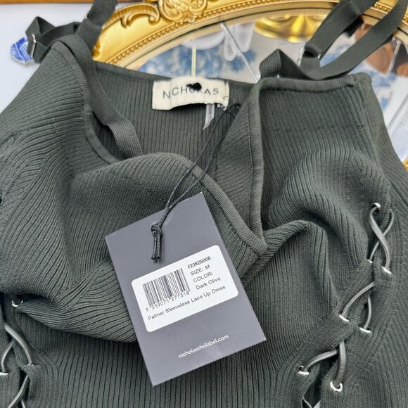 🆕 NICHOLAS 🧿 NWT Palmer Lace Up Ribbed Knit Maxi Dress, Olive Green - Sz M - Picture 13 of 15